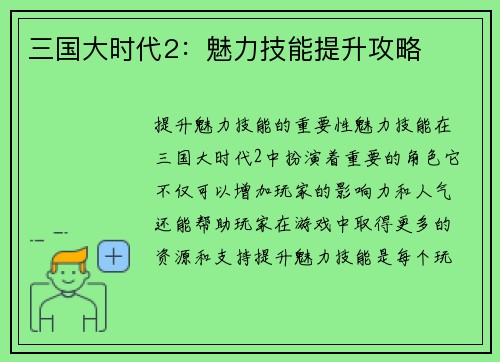 三国大时代2：魅力技能提升攻略